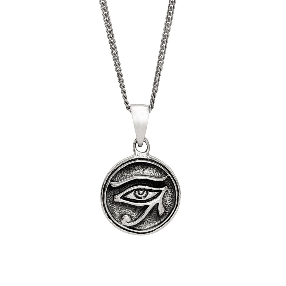 Sterling Silver Round Coin Shaped Egypt Eye of Horus Pendant Necklace
