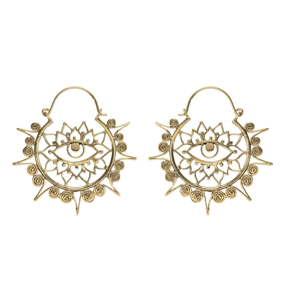 
                  
                    Gold Brass Disc Third Eye Lotus Flower Hoops Sun Mandala Hoop Earrings
                  
                