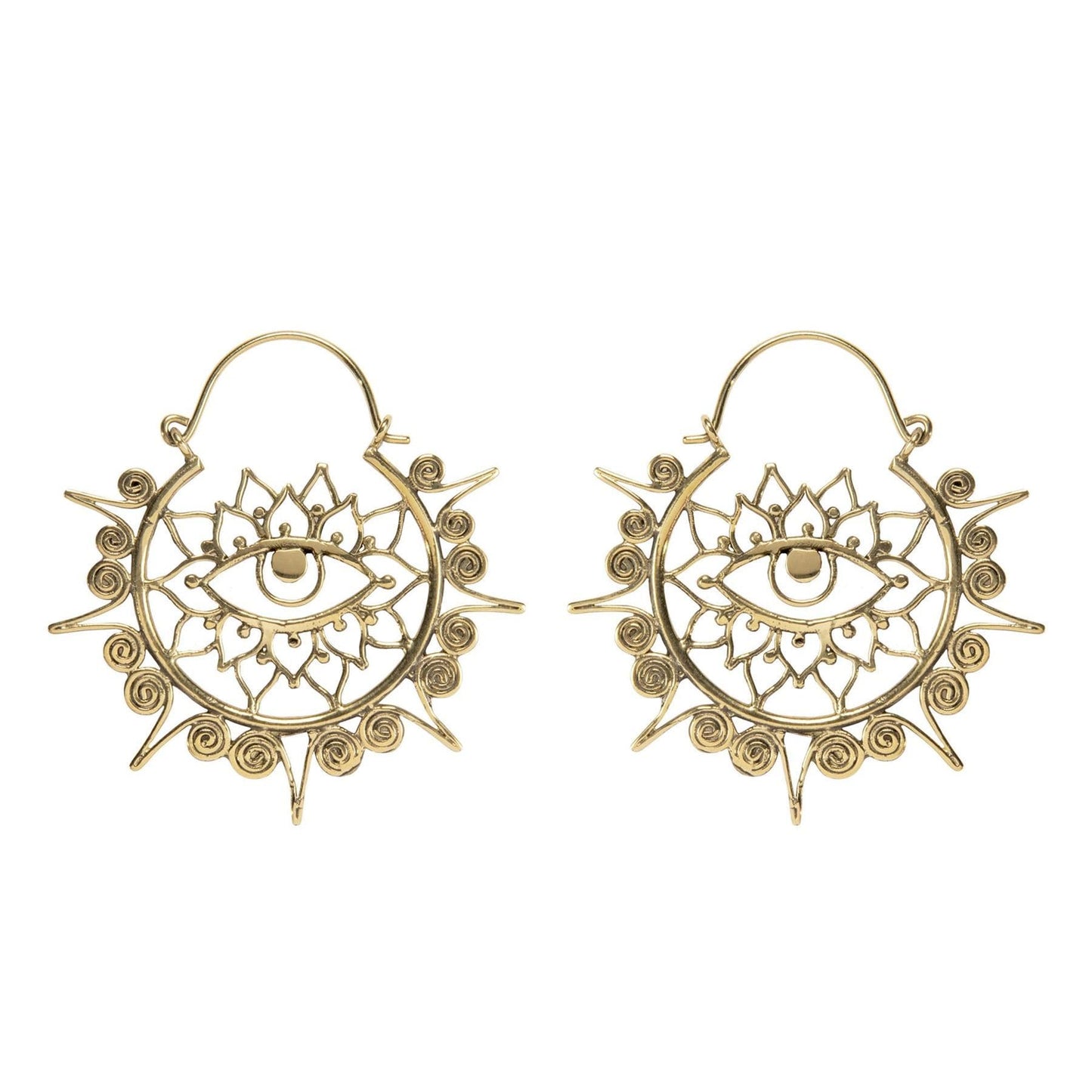
                  
                    Gold Brass Disc Third Eye Lotus Flower Hoops Sun Mandala Hoop Earrings
                  
                